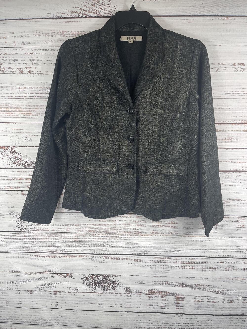 Flax Blazer Jacket Womens SZ Small Gray Charcoal Linen 3 Button Pockets Tailored